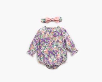 Baby Girl 1pcs Flower Pattern Long Sleeved Fashion Hot Selling Bodysuit Onesies & Headband (Color: Purple, Size/Age: 100 (2-3Y))