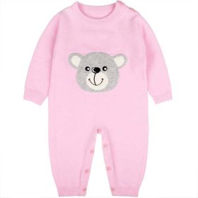 Baby Girl Cartoon Bear Graphic Long Sleeves Knit Thermal Jumpsuit (Color: Pink, Size/Age: 90 (12-24M))