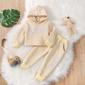 Baby Slogan Pattern Solid Hoodies With Hat Combo Trousers Casual Sets (Color: Apricot, Size/Age: 66 (3-6M))