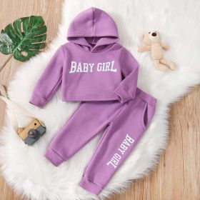 Baby Slogan Pattern Solid Hoodies With Hat Combo Trousers Casual Sets (Color: Purple, Size/Age: 90 (12-24M))