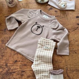 Baby Cute Bear Pattern Shirt Combo Plaid Pattern Pants Sets Home Clothes (Color: Brown, Size/Age: 100 (2-3Y))