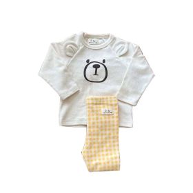 Baby Cute Bear Pattern Shirt Combo Plaid Pattern Pants Sets Home Clothes (Color: Beige, Size/Age: 90 (12-24M))