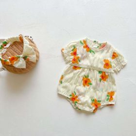 Baby Girls Floral Print Pattern Puff Sleeved Onesies In Summer (Color: White, Size/Age: 100 (2-3Y))
