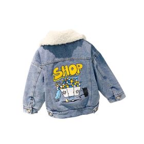 Baby Cartoon & Slogan Pattern Lapel Design Berber Fleece Denim Coat (Color: Blue, Size/Age: 120 (5-7Y))