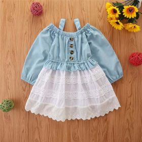 Baby Girl Button Decoration Denim Patchwork One Shoulder Dress (Color: Blue, Size/Age: 100 (2-3Y))