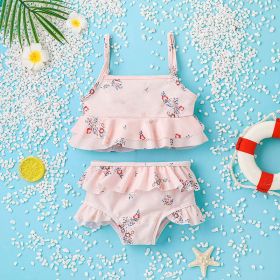 Baby Girl Floral Pattern Ruffle Hem Tops Combo Triangle Shorts Swimsuit (Color: Light Pink, Size/Age: 110 (3-5Y))