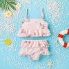 Baby Girl Floral Pattern Ruffle Hem Tops Combo Triangle Shorts Swimsuit