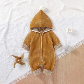 Baby Solid Color Zipper Front Design Hooded Knitted Romper (Color: Brown, Size/Age: 80 (9-12M))