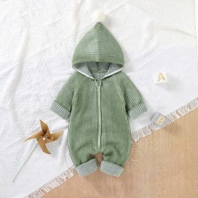 Baby Solid Color Zipper Front Design Hooded Knitted Romper (Color: Green, Size/Age: 80 (9-12M))