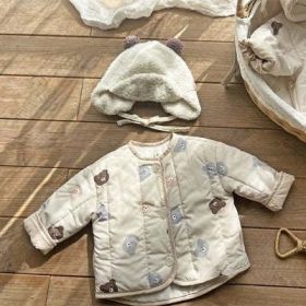 Baby Bear Print Pattern Quilted Warm Coat & Jumpsuit (Color: White, Size/Age: 73 (6-9M))