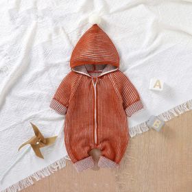 Baby Solid Color Zipper Front Design Hooded Knitted Romper (Color: Orange, Size/Age: 80 (9-12M))