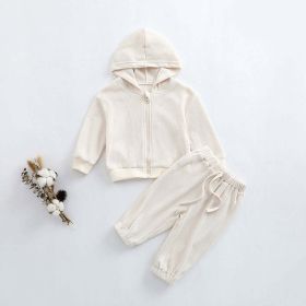 Baby Solid Color Waffle Knit Fabric Coat With Pants 2 Pieces Sets (Color: Beige, Size/Age: 90 (12-24M))