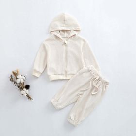 Baby Solid Color Waffle Knit Fabric Coat With Pants 2 Pieces Sets (Color: Beige, Size/Age: 110 (3-5Y))