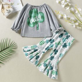 Baby Girl 1pcs 4-Leaves Grass Graphic Long Sleeve Tops Combo Allover Grass Print Ruffle Hem Pants Sets (Color: Green, Size/Age: 80 (9-12M))