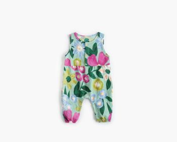 Baby Girl Floral Print Pattern Buttoned Design Sleeveless Rompers (Color: Green, Size/Age: 73 (6-9M))