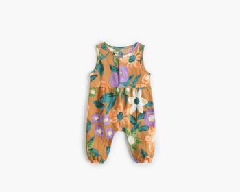 Baby Girl Floral Print Pattern Buttoned Design Sleeveless Rompers (Color: Yellow, Size/Age: 73 (6-9M))