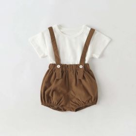 Baby Girl Solid Color Tee Combo Denim Strap Shorts 1-Piece Sets (Color: Coffee, Size/Age: 80 (9-12M))