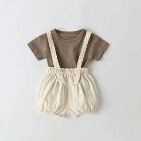 Baby Girl Solid Color Tee Combo Denim Strap Shorts 1-Piece Sets (Color: Beige, Size/Age: 90 (12-24M))