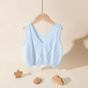 Baby Girl Solid Color Conchet Knitted Graphic V-Neck Sleeveless Vest Sweater (Color: Blue, Size/Age: 80 (9-12M))