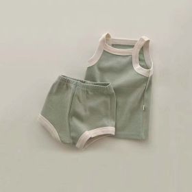 Baby Girl Solid Color Thin Style Pure Cotton Vest Combo Shorts 2 Pieces Sets Home Clothes (Color: Green, Size/Age: 90 (12-24M))
