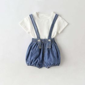 Baby Girl Solid Color Tee Combo Denim Strap Shorts 1-Piece Sets (Color: Blue, Size/Age: 100 (2-3Y))