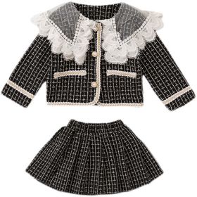 Baby Girl Plaid Pattern Mesh Patchwork Design Lapel Cardigan Combo Pleated Skirt Chanel's Style Sets (Color: Black, Size/Age: 140 (8-10Y))