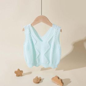 Baby Girl Solid Color Conchet Knitted Graphic V-Neck Sleeveless Vest Sweater (Color: Green, Size/Age: 90 (12-24M))