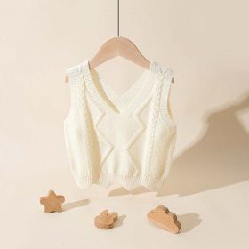 Baby Girl Solid Color Conchet Knitted Graphic V-Neck Sleeveless Vest Sweater (Color: Apricot, Size/Age: 90 (12-24M))