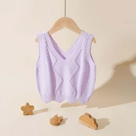 Baby Girl Solid Color Conchet Knitted Graphic V-Neck Sleeveless Vest Sweater (Color: Purple, Size/Age: 120 (5-7Y))