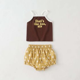 Baby Girl Slogan Pattern Sling Tops Combo Polka Dot Graphic Triangle Shorts 1 Pieces Sets (Color: Coffee, Size/Age: 80 (9-12M))