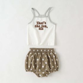 Baby Girl Slogan Pattern Sling Tops Combo Polka Dot Graphic Triangle Shorts 1 Pieces Sets (Color: White, Size/Age: 100 (2-3Y))
