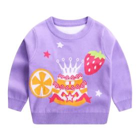 Baby Girl Birthday Cake & Fruit Pattern Pullover Birthday Sweater (Color: Purple, Size/Age: 120 (5-7Y))