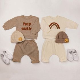 Baby Rainbow & Letter Graphic Hoodies And Pants Sets (Color: Beige, Size/Age: 90 (12-24M))