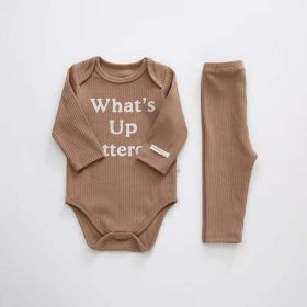 Baby Slogan Print Pattern Long-Sleeved Onesies Combo Solid Pants Sets (Color: Coffee, Size/Age: 90 (12-24M))