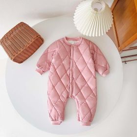 Baby Solid Color Quilted Long Sleeve Thickened Cotton Jumpsuit (Color: Pink, Size/Age: 100 (2-3Y))