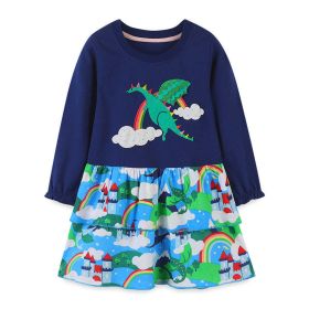 Baby Girl Cartoon Embroidered Pattern Loose Cotton Dress (Color: Navy Blue (Dark Blue), Size/Age: 140 (8-10Y))