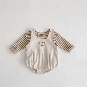 Baby Striped Shirt Combo Corduroy Fabric Cartoon Bear Embroidered Vest Bodysuit 2 Pieces Sets (Color: Beige, Size/Age: 66 (3-6M))
