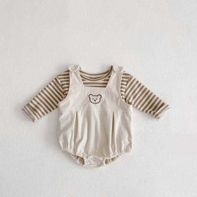 Baby Striped Shirt Combo Corduroy Fabric Cartoon Bear Embroidered Vest Bodysuit 2 Pieces Sets (Color: Beige, Size/Age: 66 (3-6M))