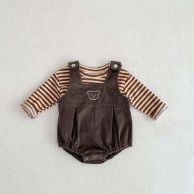 Baby Striped Shirt Combo Corduroy Fabric Cartoon Bear Embroidered Vest Bodysuit 2 Pieces Sets (Color: Coffee, Size/Age: 73 (6-9M))