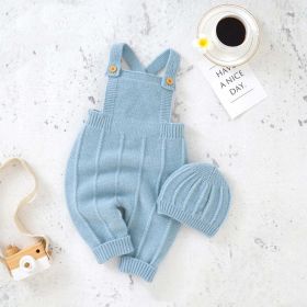 Baby Solid Color Knitted Sling Romper With Hat Sets (Color: Blue, Size/Age: 73 (6-9M))
