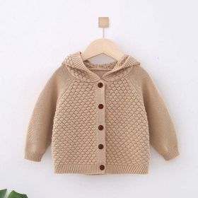 Baby Solid Color Single Breasted Design Handmade Cardigan With Hat (Color: Khaki, Size/Age: 90 (12-24M))