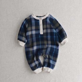 Baby Fashion Plaid Pattern Thin Fleece Autumn Romper (Color: Blue, Size/Age: 66 (3-6M))