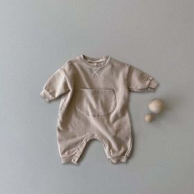 Baby Solid Color Big Pocket Thickened Winter Romper (Color: Brown, Size/Age: 90 (12-24M))