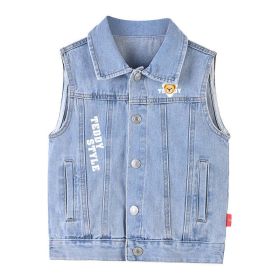 Baby Cartoon And Slogan Print Pattern Sleeveless Denim Jacket (Color: Blue, Size/Age: 140 (8-10Y))