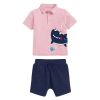 Baby Boy Cartoon Shark Pattern Quarter Button Polo Shirt Combo Solid Shorts Sets