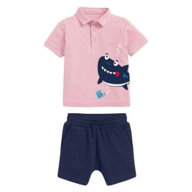 Baby Boy Cartoon Shark Pattern Quarter Button Polo Shirt Combo Solid Shorts Sets (Color: Pink, Size/Age: 100 (2-3Y))
