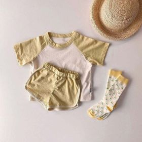 Baby Boys And Girls Color Patchwork Design Round Neck Short-Sleeved Top Combo Shorts Summer Cotton Sets (Color: Yellow, Size/Age: 90 (12-24M))