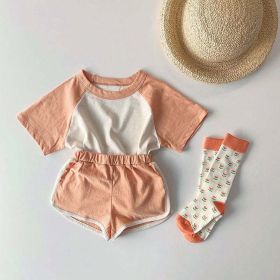 Baby Boys And Girls Color Patchwork Design Round Neck Short-Sleeved Top Combo Shorts Summer Cotton Sets (Color: Orange, Size/Age: 73 (6-9M))