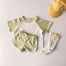 Baby Boys And Girls Color Patchwork Design Round Neck Short-Sleeved Top Combo Shorts Summer Cotton Sets (Color: Green, Size/Age: 100 (2-3Y))