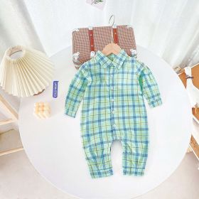 Baby Boy Classic Plaid Pattern Lapel Design Long Sleeve Rompers (Color: Green, Size/Age: 90 (12-24M))